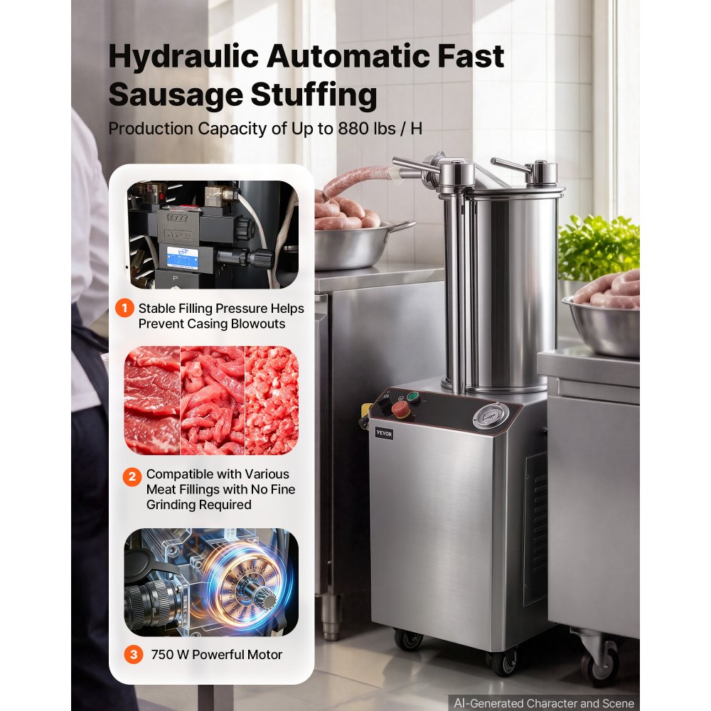VEVOR Embutidora de Salchichas Automática Hidráulica con Depósito Fijo de 26 L, Capacidad de Mezcla de Carne de 18 L, 750 W, Kit de Llenado de Acero Inoxidable, con 4 Tubos de Llenado, Uso Comercial