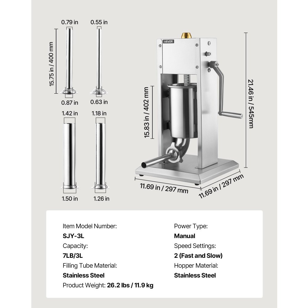 VEVOR Embutidora de Salchichas Manual 4 L, Vertical, de Acero Inoxidable, Velocidad Rápida y Lenta, con 4 Tubos para Salchichas, para Uso Alimentario, para Hogar, Cocina, Restaurante y Supermercado