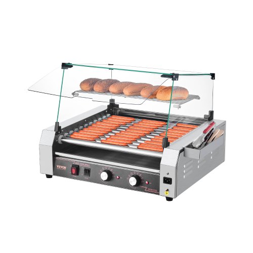 VEVOR Parrilla de Acero Inoxidable para Salchichas, 2200 W con Control de Temperatura Dual, Cubierta, Caja Almacenamiento Lateral, Estante Extraíble y Bandeja para Goteo de Aceite, 5 r/min, Plata