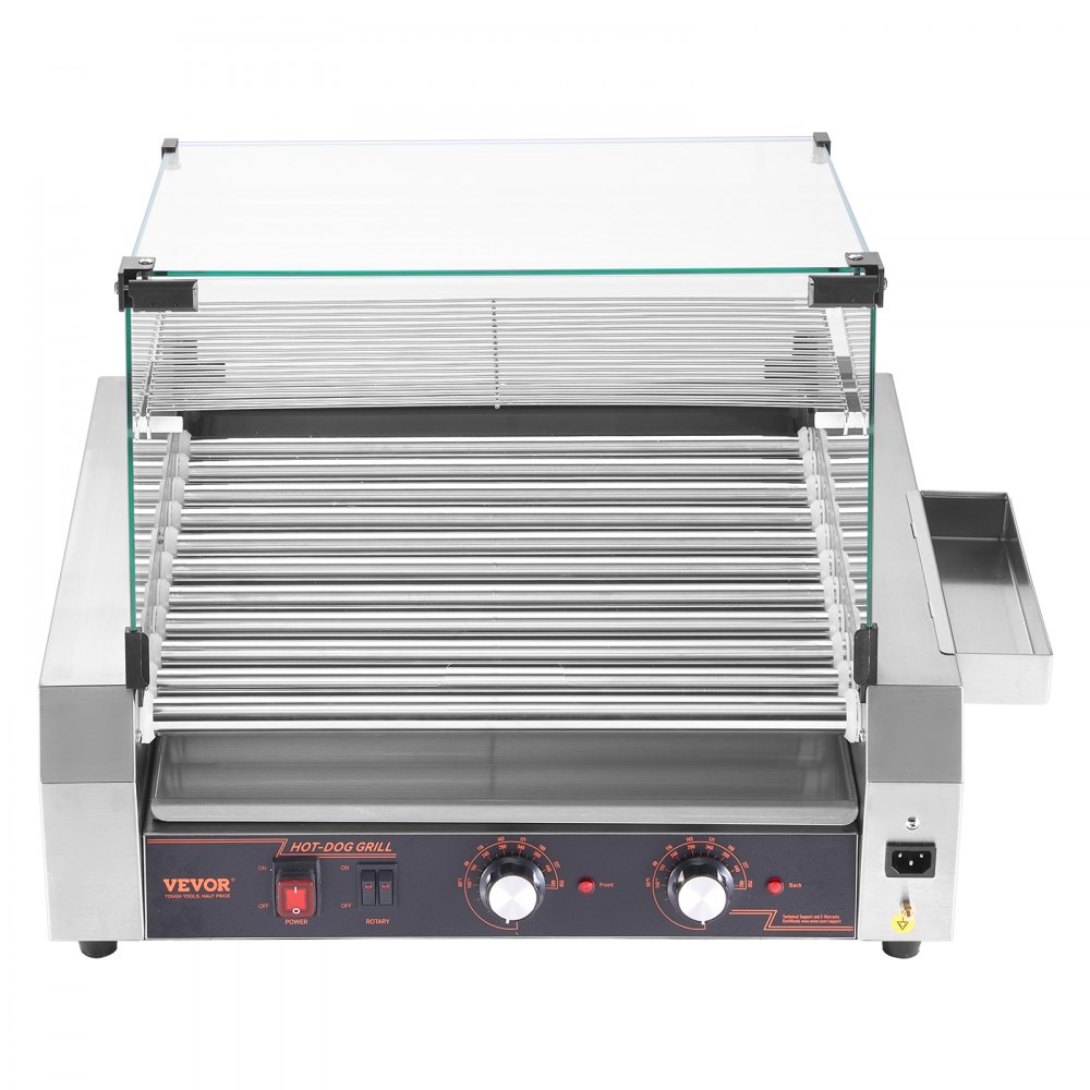 VEVOR Parrilla de Acero Inoxidable para Salchichas, 2200 W con Control de Temperatura Dual, Cubierta, Caja Almacenamiento Lateral, Estante Extraíble y Bandeja para Goteo de Aceite, 5 r/min, Plata