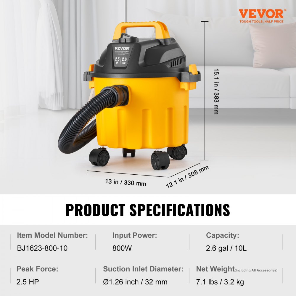 VEVOR Wet/Dry Vacuum Cleaner, 10 l, 2 HP Peak Power, Efficient Suction and Blowing Performance with Nozzle, Wheels, Portable Workshop Vacuum Cleaner with Attachments, Lightweight Workshop Vacuum Cleaner, Ideal for Carpets, Dirt, Pet Hair, Yellow
