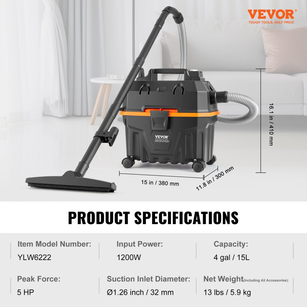 VEVOR Aspiradora en Seco y Húmedo 15 L Aspiradora Portátil Liviana para Taller en Seco y Húmedo 5 HP Soplado Eficiente con Boquilla, Ruedas, para Alfombras, Escombros, Pelo de Mascotas, Negro