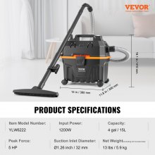 VEVOR Aspirador en Seco y Húmedo Aspiradora Portátil 15 L Máximo 5 HP, Negro