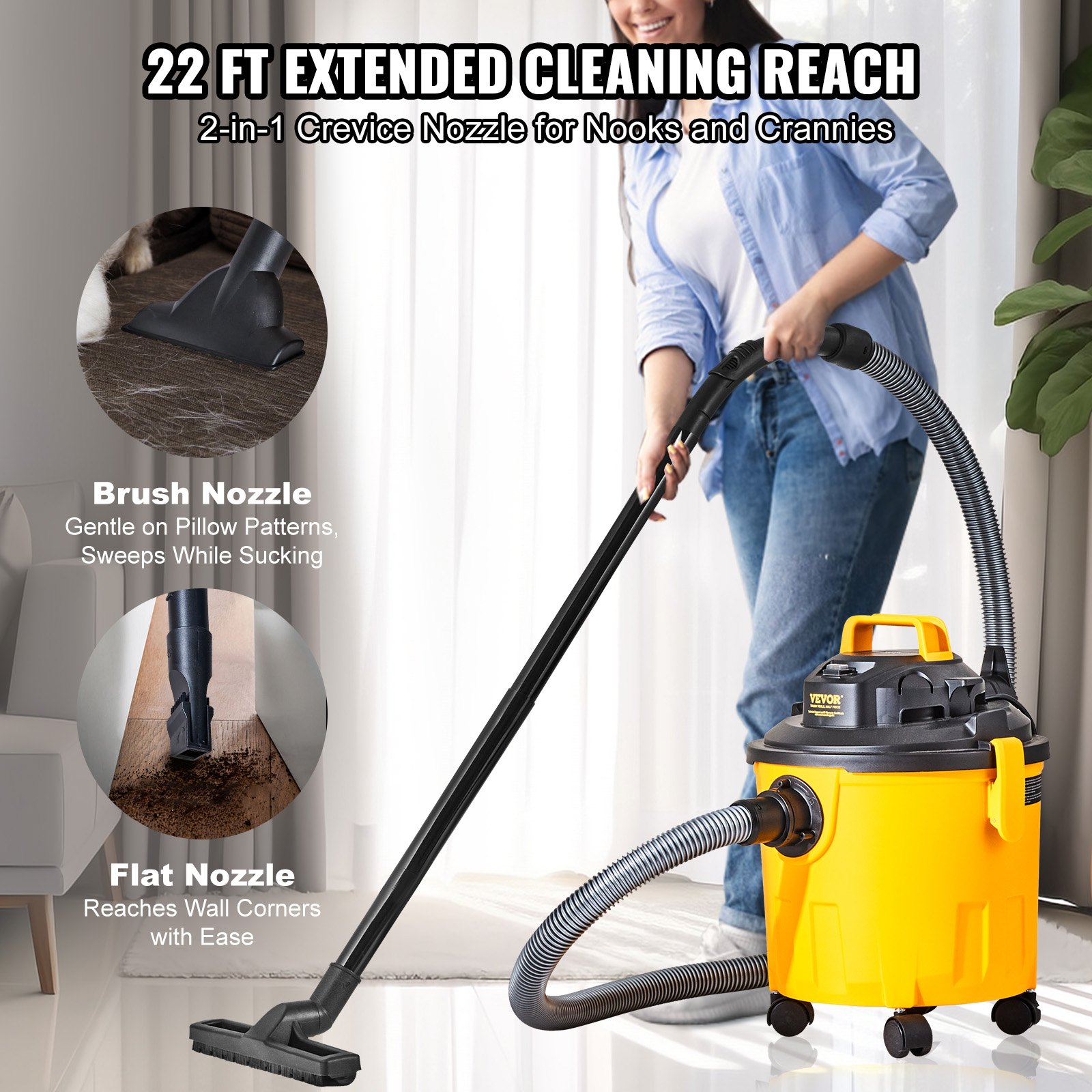 VEVOR Aspiradora en Seco y Húmedo 18 L Aspiradora Portátil Liviana para Taller en Seco y Húmedo 6 HP Soplado Eficiente con Boquilla, Ruedas, para Alfombras, Escombros, Pelo de Mascotas, Naranja