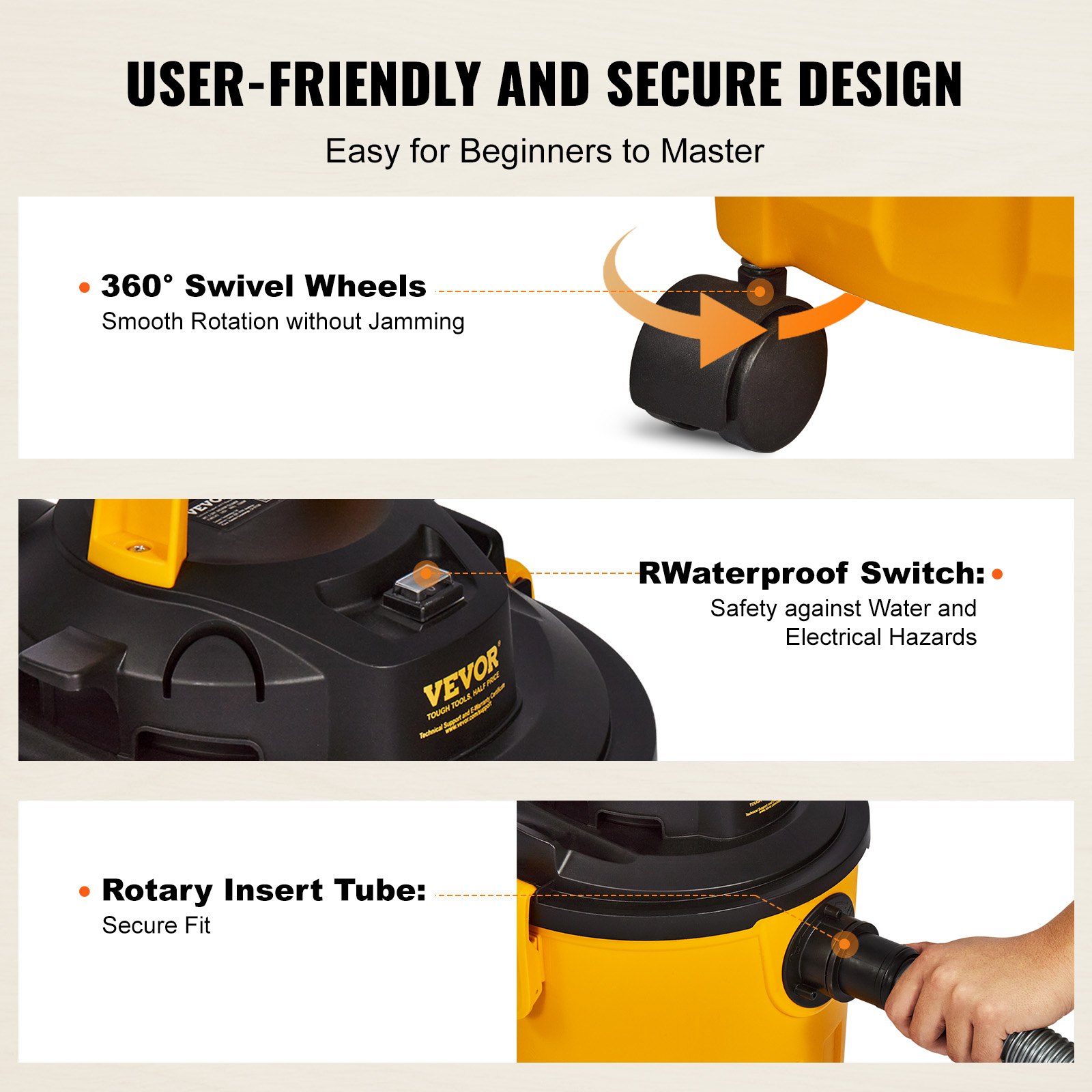 VEVOR Aspiradora en Seco y Húmedo 18 L Aspiradora Portátil Liviana para Taller en Seco y Húmedo 6 HP Soplado Eficiente con Boquilla, Ruedas, para Alfombras, Escombros, Pelo de Mascotas, Naranja