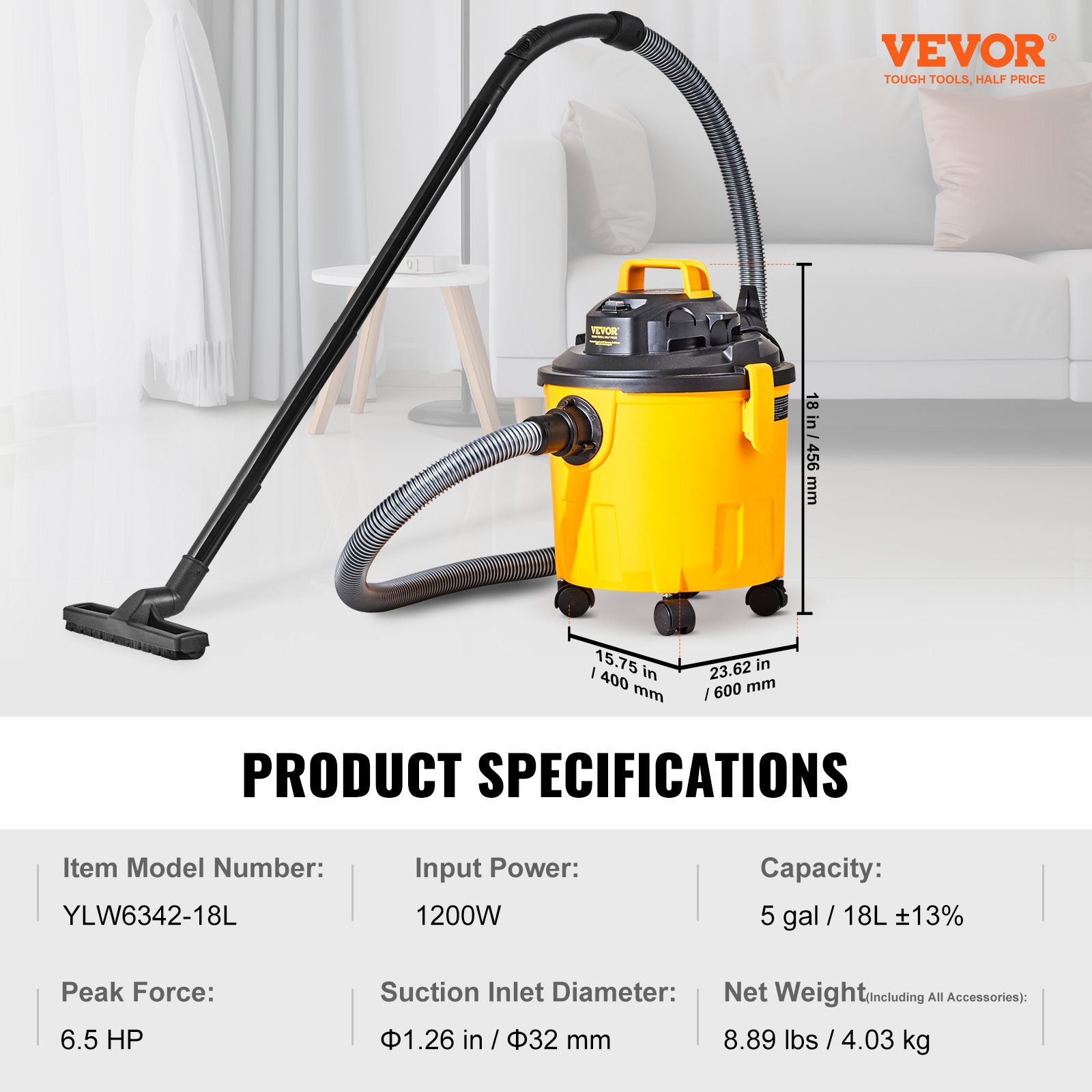 VEVOR Aspiradora en Seco y Húmedo 18 L Aspiradora Portátil Liviana para Taller en Seco y Húmedo 6 HP Soplado Eficiente con Boquilla, Ruedas, para Alfombras, Escombros, Pelo de Mascotas, Naranja