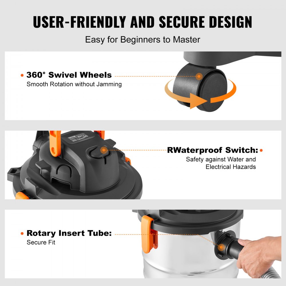 VEVOR Wet/Dry Vacuum Cleaner, 30 l, 6 HP, Stainless Steel Vacuum Cleaner with Efficient Suction and Blowing Performance, Nozzle, Wheels, Portable Workshop Vacuum Cleaner with Attachments, for Carpets, Dirt, Pet Hair, Silver+Black