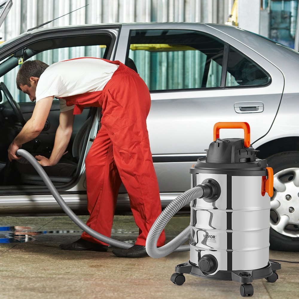 VEVOR Wet/Dry Vacuum Cleaner, 30 l, 6 HP, Stainless Steel Vacuum Cleaner with Efficient Suction and Blowing Performance, Nozzle, Wheels, Portable Workshop Vacuum Cleaner with Attachments, for Carpets, Dirt, Pet Hair, Silver+Black