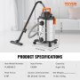 VEVOR Wet/Dry Vacuum Cleaner, 30 l, 6 HP, Stainless Steel Vacuum Cleaner with Efficient Suction and Blowing Performance, Nozzle, Wheels, Portable Workshop Vacuum Cleaner with Attachments, for Carpets, Dirt, Pet Hair, Silver+Black
