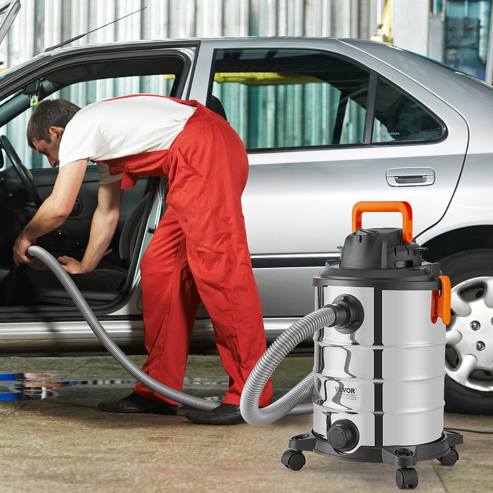 VEVOR Wet/Dry Vacuum Cleaner, 30 l, 6 HP, Stainless Steel Vacuum Cleaner with Efficient Suction and Blowing Performance, Nozzle, Wheels, Portable Workshop Vacuum Cleaner with Attachments, for Carpets, Dirt, Pet Hair, Silver+Black