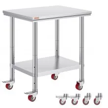 VEVOR Mesa de Preparación de Comida de Acero Inoxidable 76 x 60 x 80 cm Tabla de Cocina Profesional Capacidad de Carga 661 lbs Tabla de Trabajo de Cocina de Catering 4 Ruedas para Restaurante Escuela
