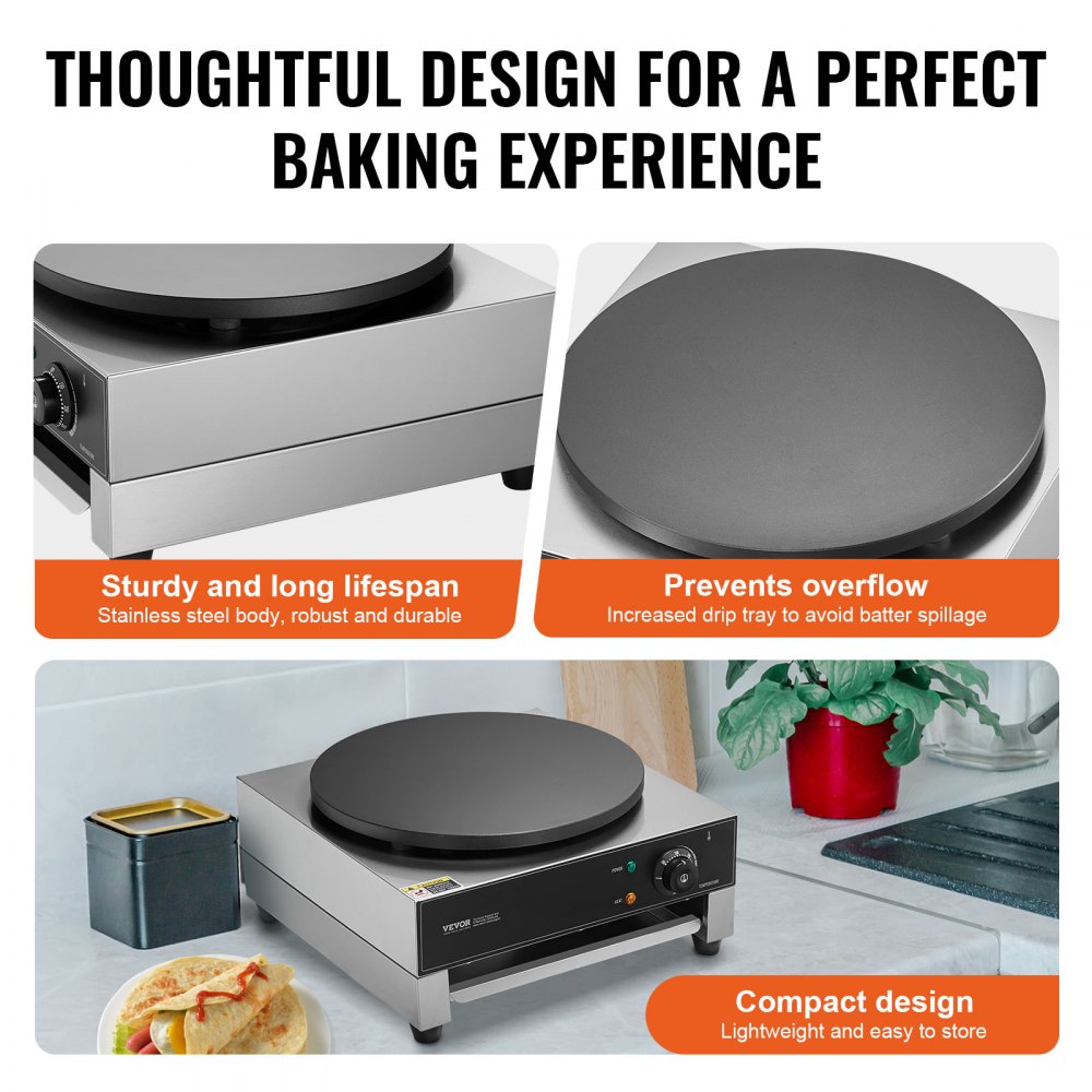VEVOR Electric Crepe Maker, 3000W, Flat Crepe Grill Plate 40cm, Non-Stick Stainless Steel Pancake Cooker, Round Cereal Pancake Cooker, Temperature Control