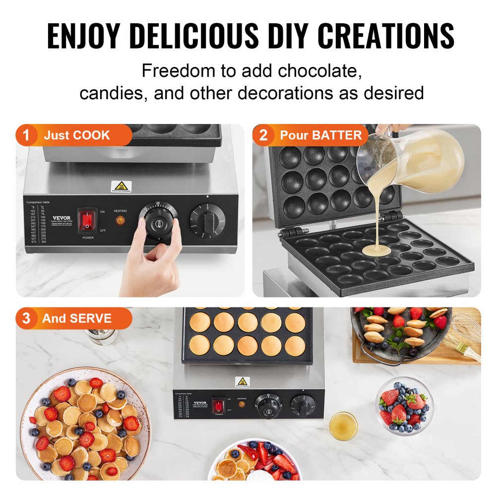 VEVOR Mini máquina para hacer panqueques holandesa, 25 piezas, 43 mm de diámetro, máquina para hacer dorayaki, parrilla eléctrica comercial para poffertjes de 1700 W, acero inoxidable antiadherente, control de temperatura y tiempo, para cocina casera y restaurante