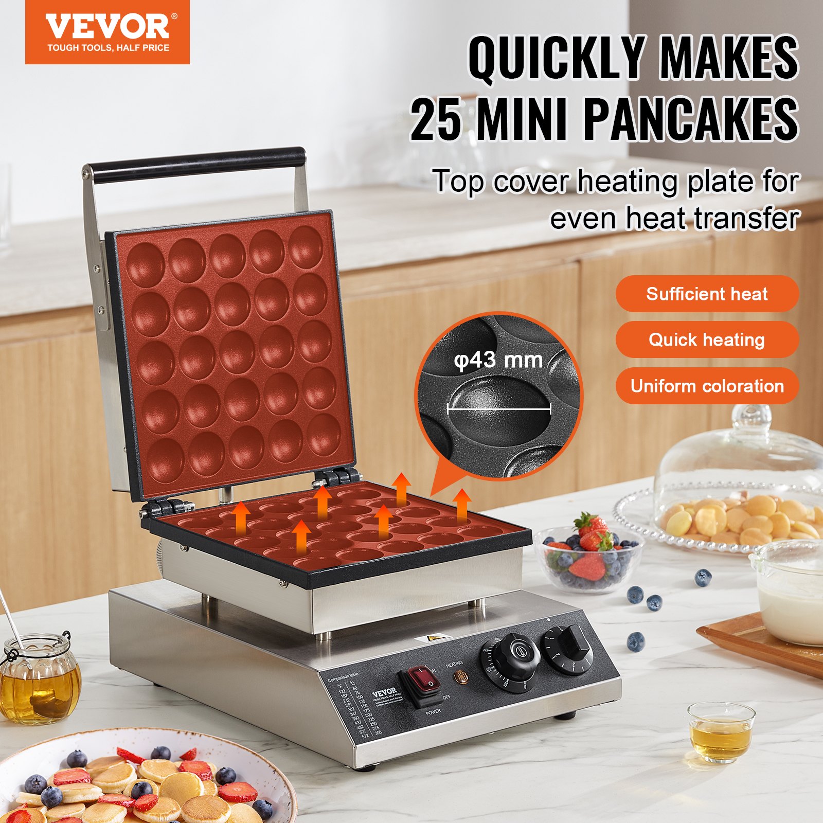 VEVOR Mini máquina para hacer panqueques holandesa, 25 piezas, 43 mm de diámetro, máquina para hacer dorayaki, parrilla eléctrica comercial para poffertjes de 1700 W, acero inoxidable antiadherente, control de temperatura y tiempo, para cocina casera y restaurante
