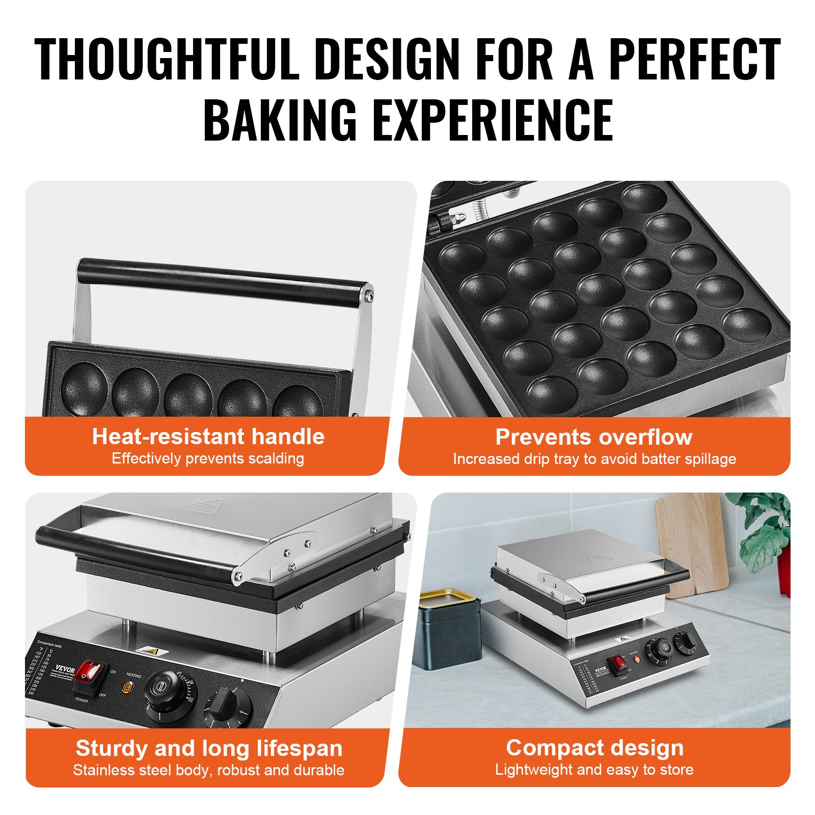 VEVOR Mini máquina para hacer panqueques holandesa, 25 piezas, 43 mm de diámetro, máquina para hacer dorayaki, parrilla eléctrica comercial para poffertjes de 1700 W, acero inoxidable antiadherente, control de temperatura y tiempo, para cocina casera y restaurante