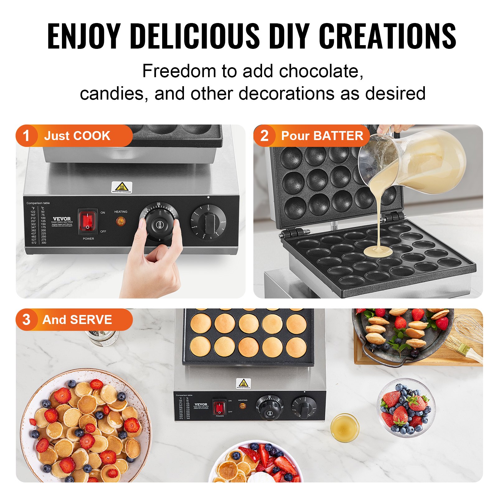 VEVOR Mini máquina para hacer panqueques holandesa, 25 piezas, 43 mm de diámetro, máquina para hacer dorayaki, parrilla eléctrica comercial para poffertjes de 1700 W, acero inoxidable antiadherente, control de temperatura y tiempo, para cocina casera y restaurante