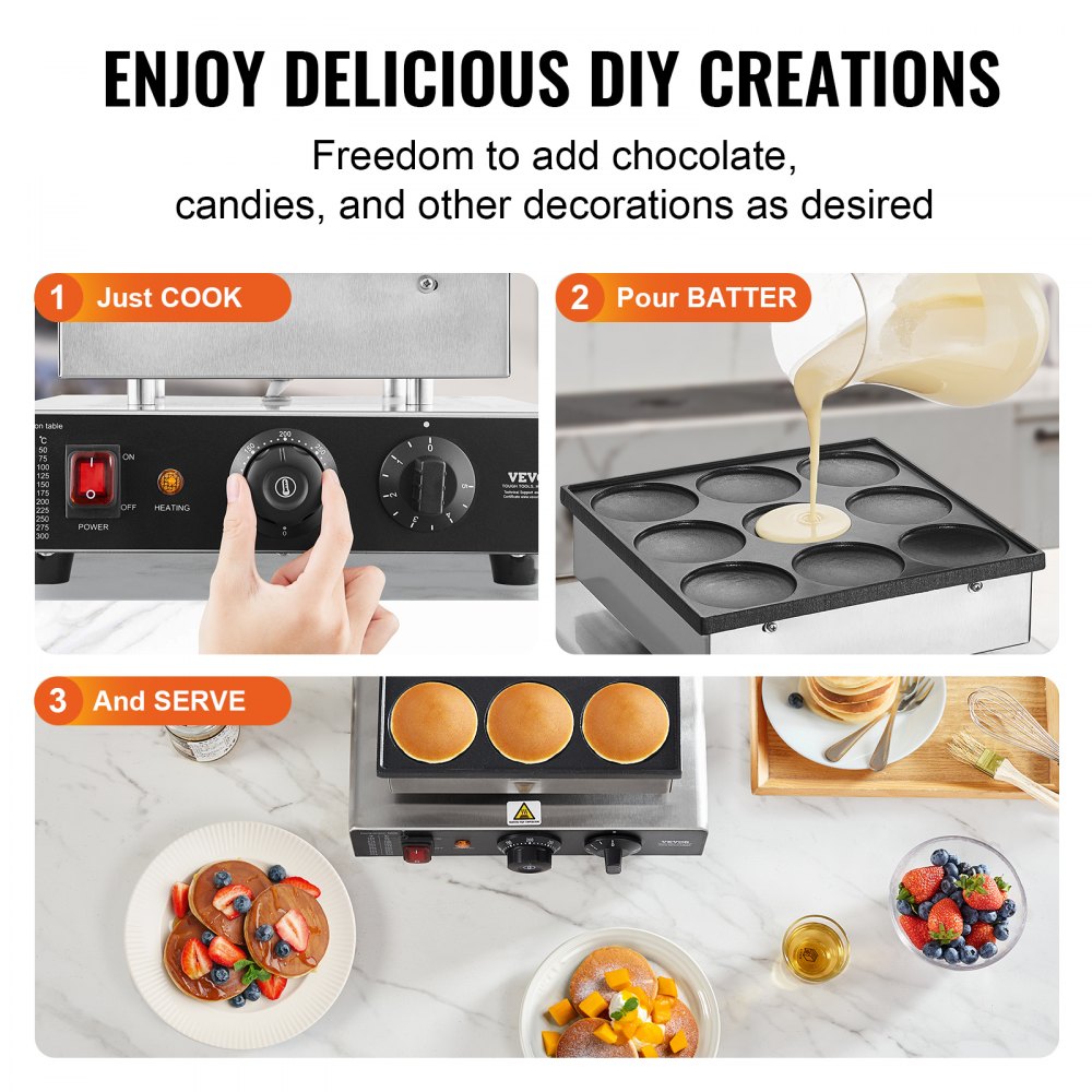 VEVOR - Máquina para hacer panqueques holandesa, 9 piezas, 76 mm de diámetro, para dorayaki, parrilla eléctrica comercial para poffertjes de 850 W, acero inoxidable antiadherente, control de temperatura y tiempo, para cocina casera, restaurante, snack bar