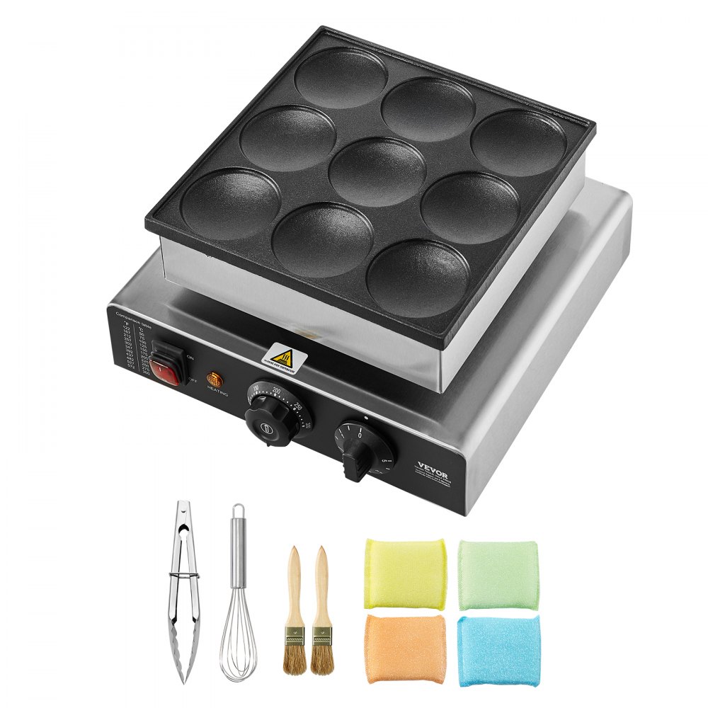 VEVOR - Máquina para hacer panqueques holandesa, 9 piezas, 76 mm de diámetro, para dorayaki, parrilla eléctrica comercial para poffertjes de 850 W, acero inoxidable antiadherente, control de temperatura y tiempo, para cocina casera, restaurante, snack bar