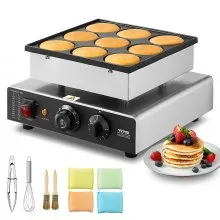 VEVOR - Máquina para hacer panqueques holandesa, 9 piezas, 76 mm de diámetro, para dorayaki, parrilla eléctrica comercial para poffertjes de 850 W, acero inoxidable antiadherente, control de temperatura y tiempo, para cocina casera, restaurante, snack bar
