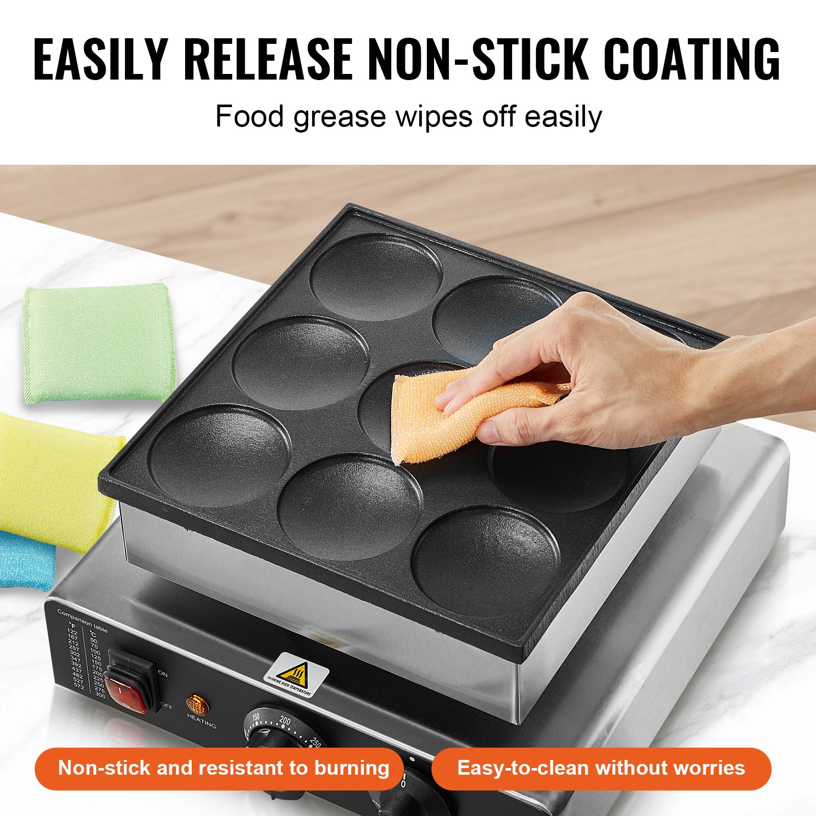 VEVOR - Máquina para hacer panqueques holandesa, 9 piezas, 76 mm de diámetro, para dorayaki, parrilla eléctrica comercial para poffertjes de 850 W, acero inoxidable antiadherente, control de temperatura y tiempo, para cocina casera, restaurante, snack bar