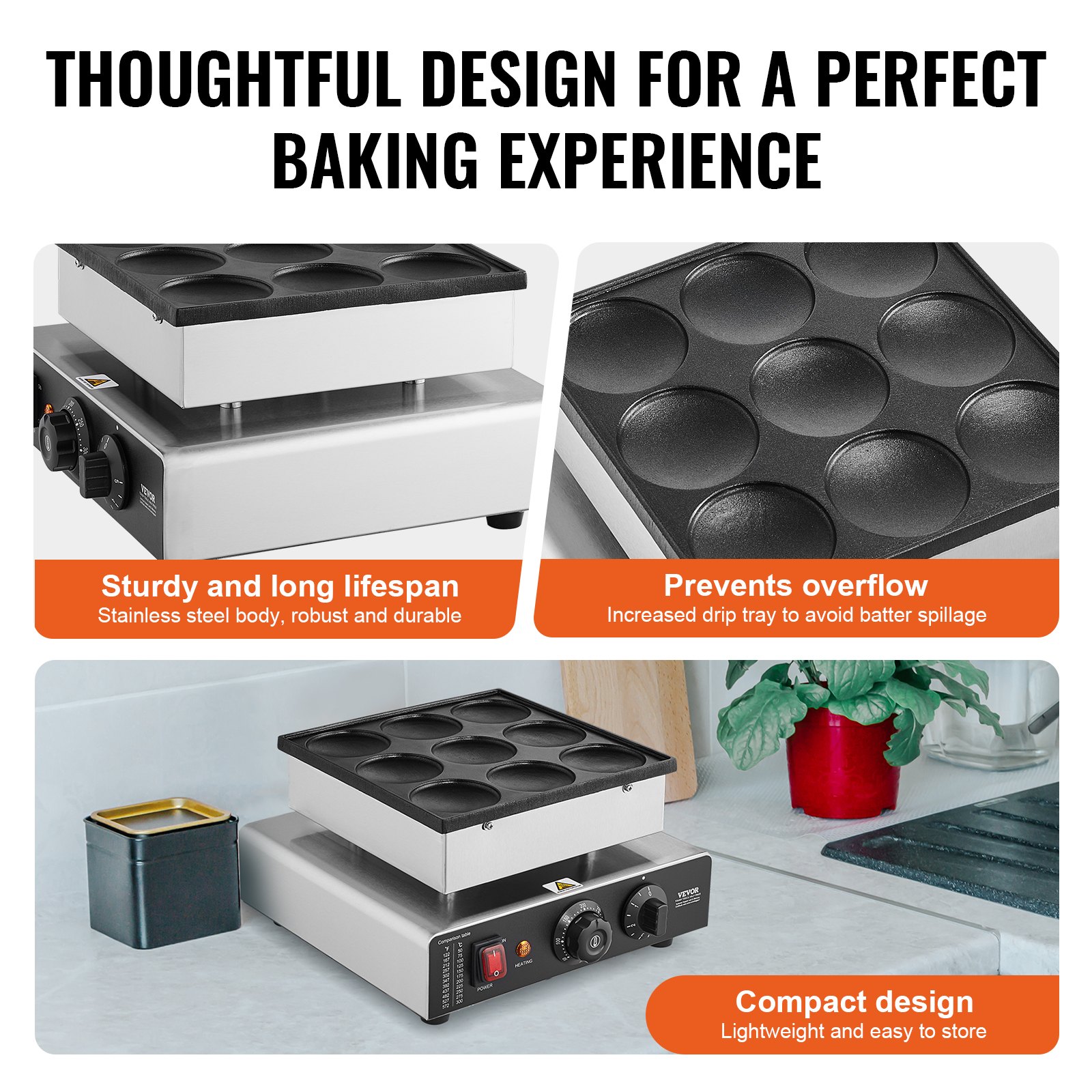 VEVOR - Máquina para hacer panqueques holandesa, 9 piezas, 76 mm de diámetro, para dorayaki, parrilla eléctrica comercial para poffertjes de 850 W, acero inoxidable antiadherente, control de temperatura y tiempo, para cocina casera, restaurante, snack bar