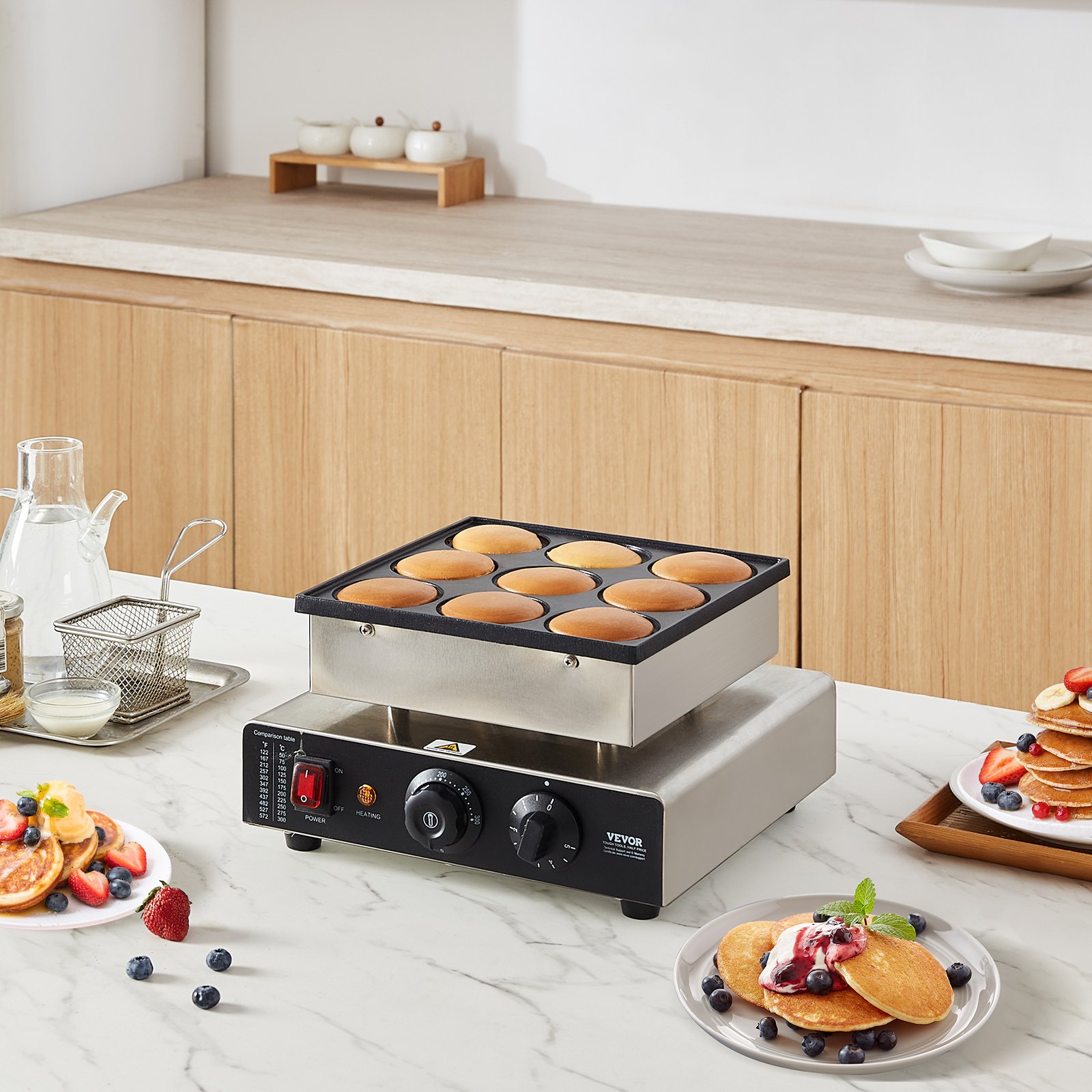 VEVOR - Máquina para hacer panqueques holandesa, 9 piezas, 76 mm de diámetro, para dorayaki, parrilla eléctrica comercial para poffertjes de 850 W, acero inoxidable antiadherente, control de temperatura y tiempo, para cocina casera, restaurante, snack bar