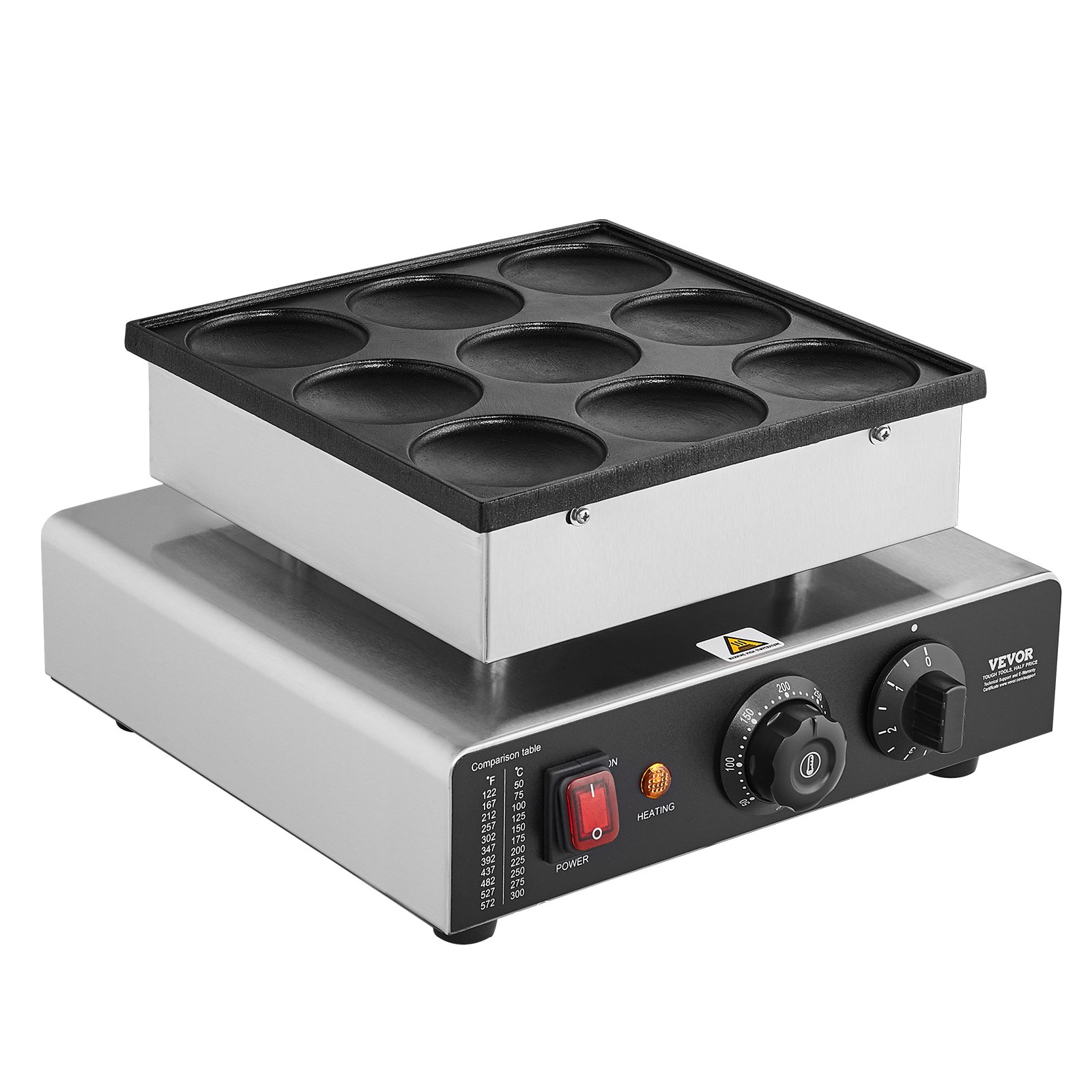VEVOR - Máquina para hacer panqueques holandesa, 9 piezas, 76 mm de diámetro, para dorayaki, parrilla eléctrica comercial para poffertjes de 850 W, acero inoxidable antiadherente, control de temperatura y tiempo, para cocina casera, restaurante, snack bar
