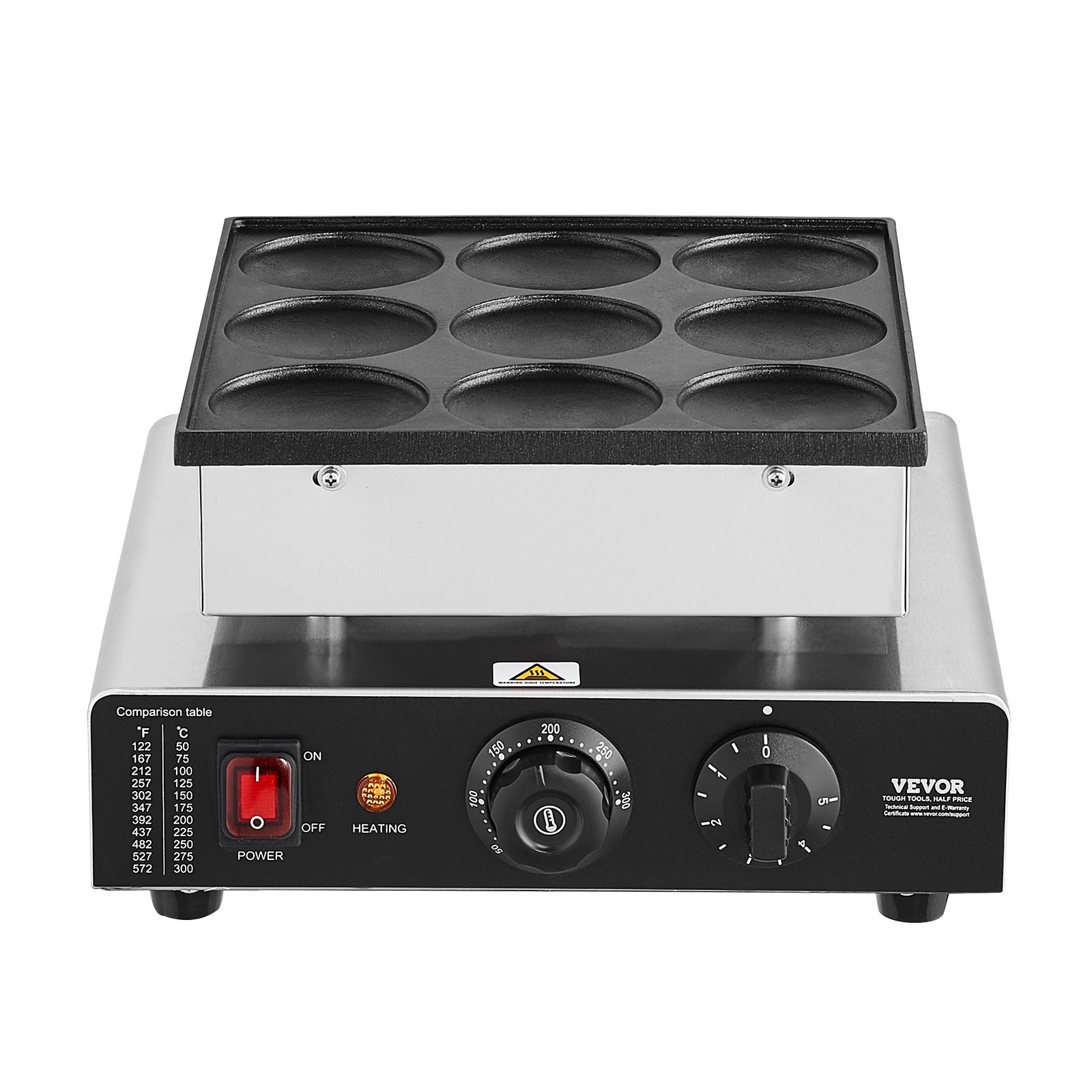 VEVOR - Máquina para hacer panqueques holandesa, 9 piezas, 76 mm de diámetro, para dorayaki, parrilla eléctrica comercial para poffertjes de 850 W, acero inoxidable antiadherente, control de temperatura y tiempo, para cocina casera, restaurante, snack bar