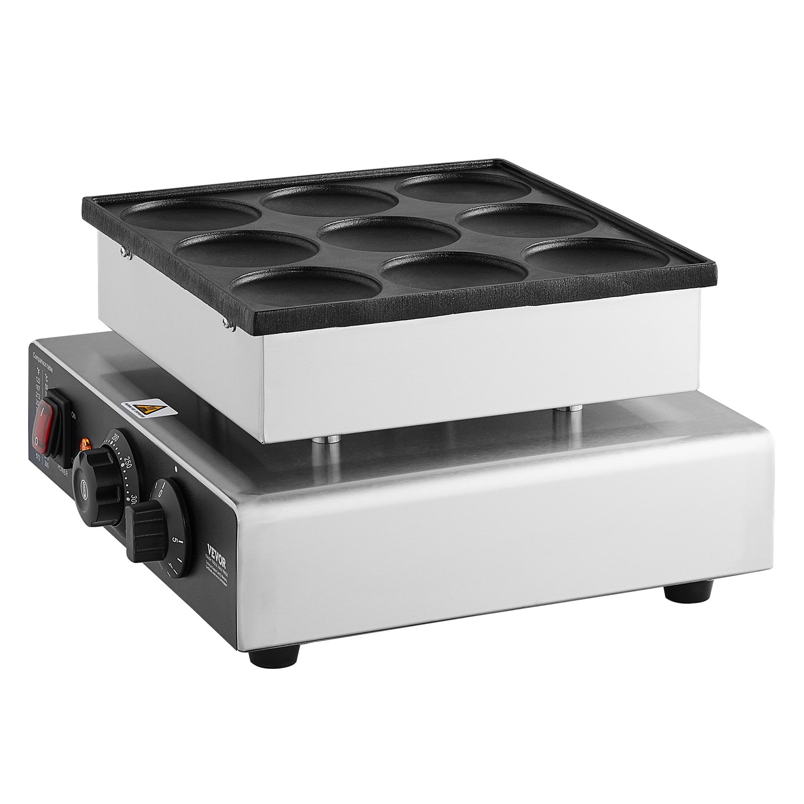 VEVOR - Máquina para hacer panqueques holandesa, 9 piezas, 76 mm de diámetro, para dorayaki, parrilla eléctrica comercial para poffertjes de 850 W, acero inoxidable antiadherente, control de temperatura y tiempo, para cocina casera, restaurante, snack bar