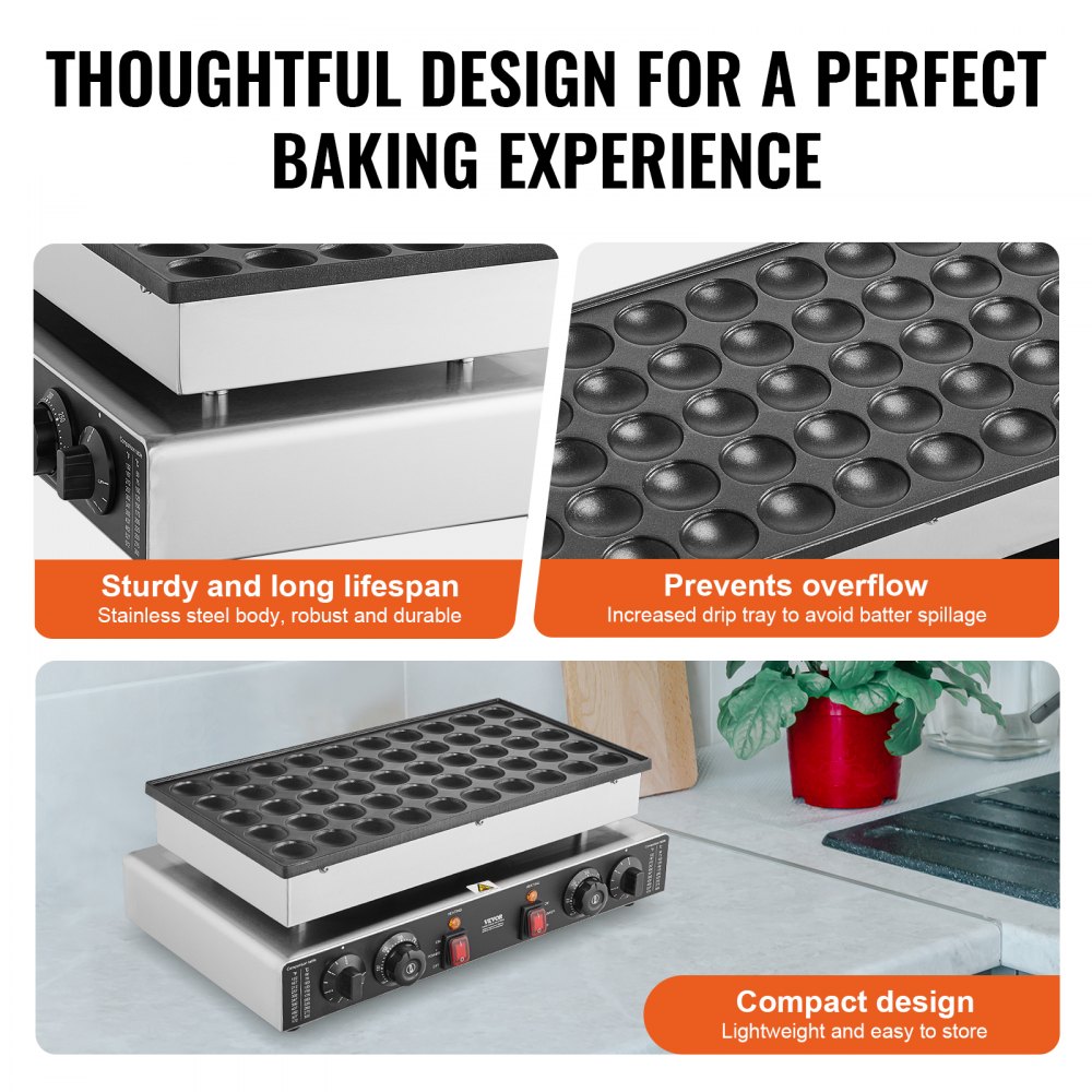 VEVOR Mini máquina para hacer panqueques holandesa, 50 piezas, 43 mm de diámetro, máquina para hacer dorayaki, parrilla eléctrica comercial para poffertjes de 1700 W, acero inoxidable antiadherente, control dual de temperatura y tiempo, para cocina casera y restaurante