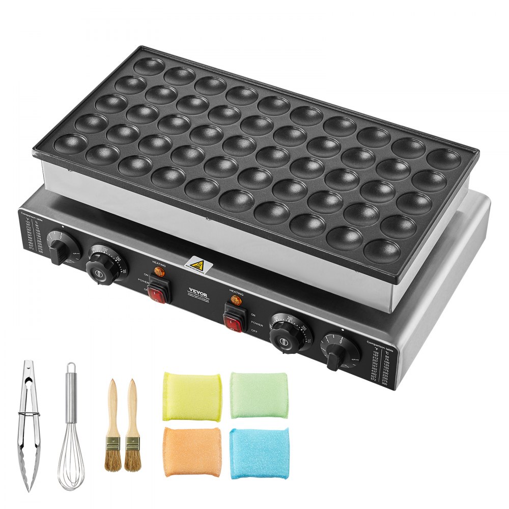 VEVOR Mini máquina para hacer panqueques holandesa, 50 piezas, 43 mm de diámetro, máquina para hacer dorayaki, parrilla eléctrica comercial para poffertjes de 1700 W, acero inoxidable antiadherente, control dual de temperatura y tiempo, para cocina casera y restaurante