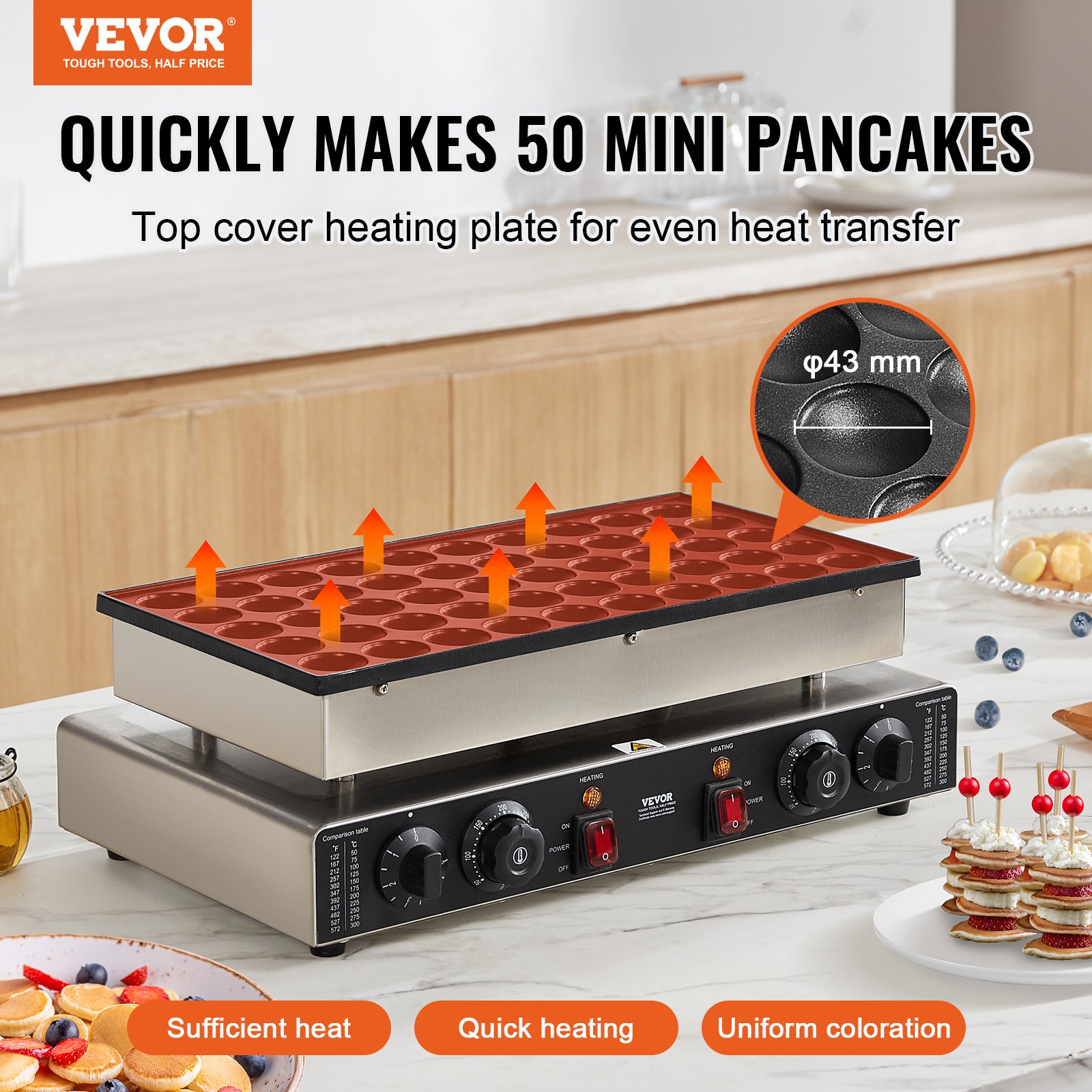 VEVOR Mini máquina para hacer panqueques holandesa, 50 piezas, 43 mm de diámetro, máquina para hacer dorayaki, parrilla eléctrica comercial para poffertjes de 1700 W, acero inoxidable antiadherente, control dual de temperatura y tiempo, para cocina casera y restaurante