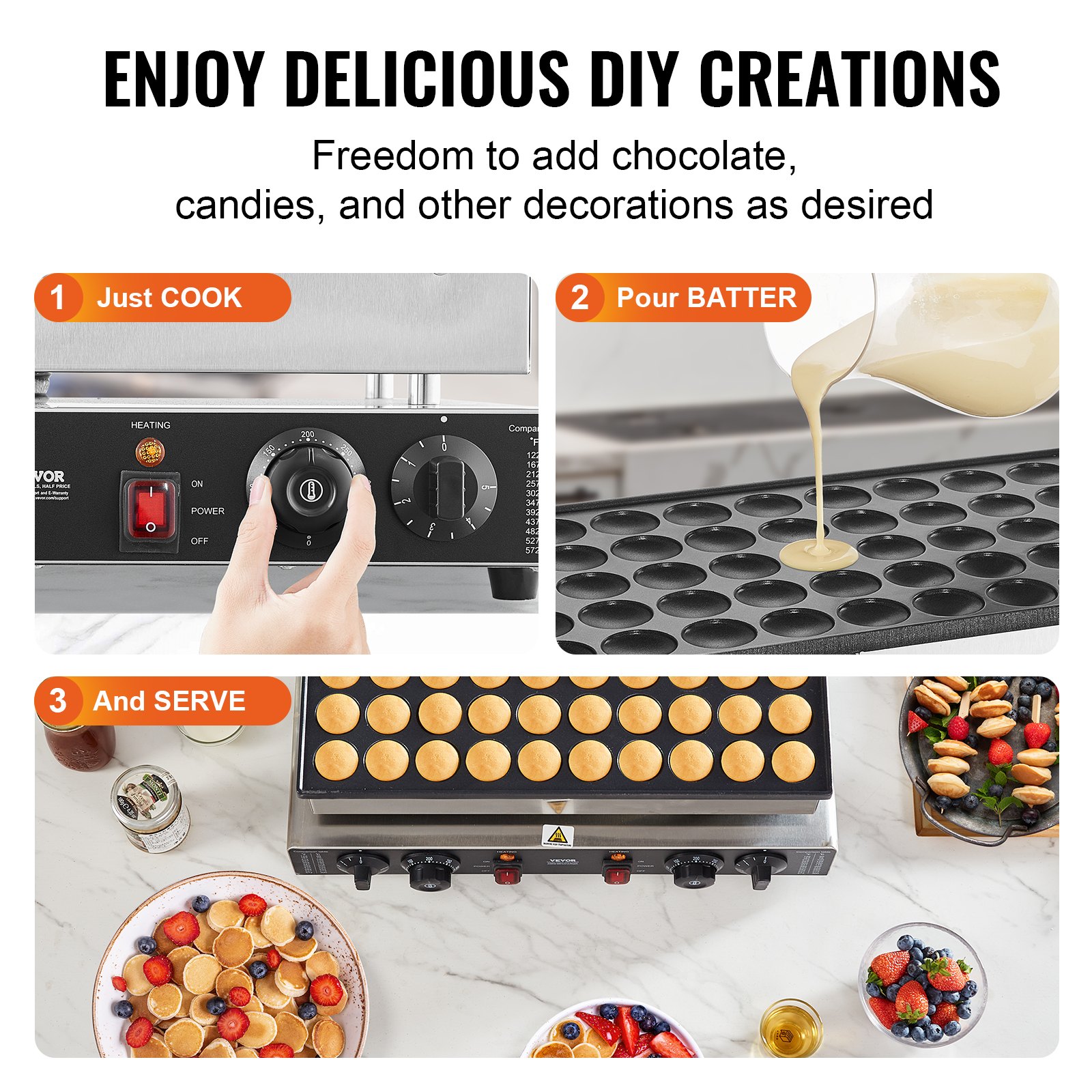 VEVOR Mini máquina para hacer panqueques holandesa, 50 piezas, 43 mm de diámetro, máquina para hacer dorayaki, parrilla eléctrica comercial para poffertjes de 1700 W, acero inoxidable antiadherente, control dual de temperatura y tiempo, para cocina casera y restaurante