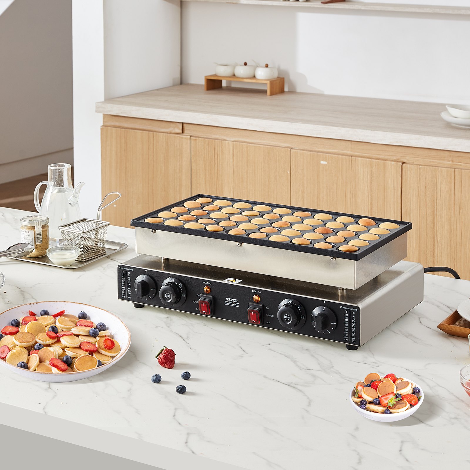 VEVOR Mini máquina para hacer panqueques holandesa, 50 piezas, 43 mm de diámetro, máquina para hacer dorayaki, parrilla eléctrica comercial para poffertjes de 1700 W, acero inoxidable antiadherente, control dual de temperatura y tiempo, para cocina casera y restaurante
