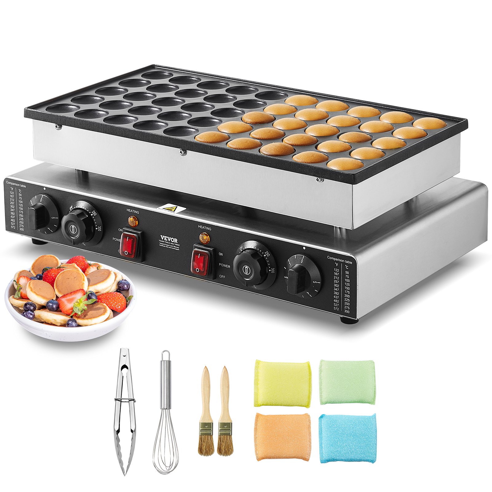 VEVOR Mini máquina para hacer panqueques holandesa, 50 piezas, 43 mm de diámetro, máquina para hacer dorayaki, parrilla eléctrica comercial para poffertjes de 1700 W, acero inoxidable antiadherente, control dual de temperatura y tiempo, para cocina casera y restaurante
