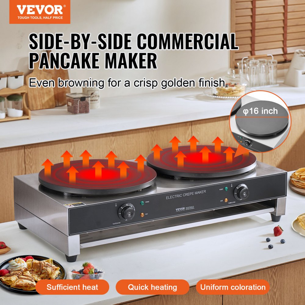 VEVOR Máquina de Crepes Comercial de Doble Cabezal de Placa Plana 6000 W, Antiadherente, Acero Inoxidable, Estufa Circular de Escritorio Panqueques y Cereales, Control Temperatura, (Sin Enchufe)