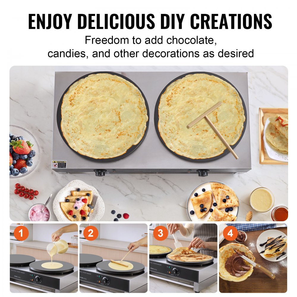 VEVOR Máquina de Crepes Comercial de Doble Cabezal de Placa Plana 6000 W, Antiadherente, Acero Inoxidable, Estufa Circular de Escritorio Panqueques y Cereales, Control Temperatura, (Sin Enchufe)