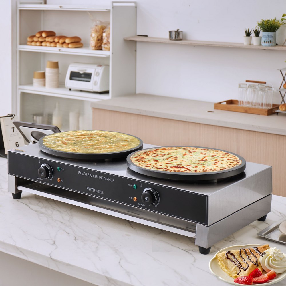 VEVOR Máquina de Crepes Comercial de Doble Cabezal de Placa Plana 6000 W, Antiadherente, Acero Inoxidable, Estufa Circular de Escritorio Panqueques y Cereales, Control Temperatura, (Sin Enchufe)