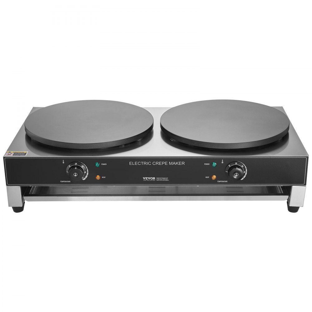 VEVOR Máquina de Crepes Comercial de Doble Cabezal de Placa Plana 6000 W, Antiadherente, Acero Inoxidable, Estufa Circular de Escritorio Panqueques y Cereales, Control Temperatura, (Sin Enchufe)