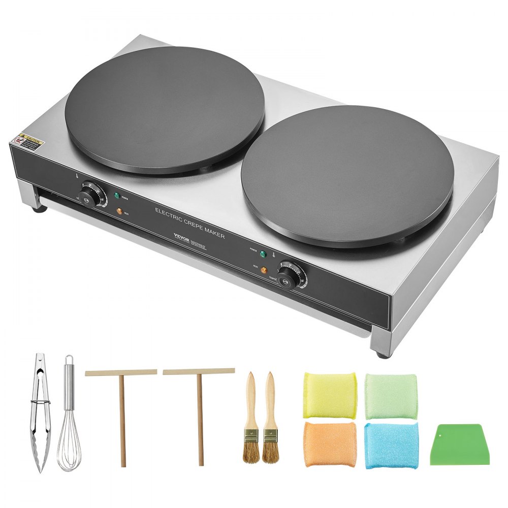 VEVOR Máquina de Crepes Comercial de Doble Cabezal de Placa Plana 6000 W, Antiadherente, Acero Inoxidable, Estufa Circular de Escritorio Panqueques y Cereales, Control Temperatura, (Sin Enchufe)