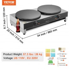 VEVOR Crepera eléctrica, máquina de crepes comercial de doble cabezal de 16 pulgadas, plancha de crepes de placa plana de 3400 W, antiadherente de acero inoxidable para hacer panqueques, estufa circular de escritorio para panqueques y cereales, control de temperatura
