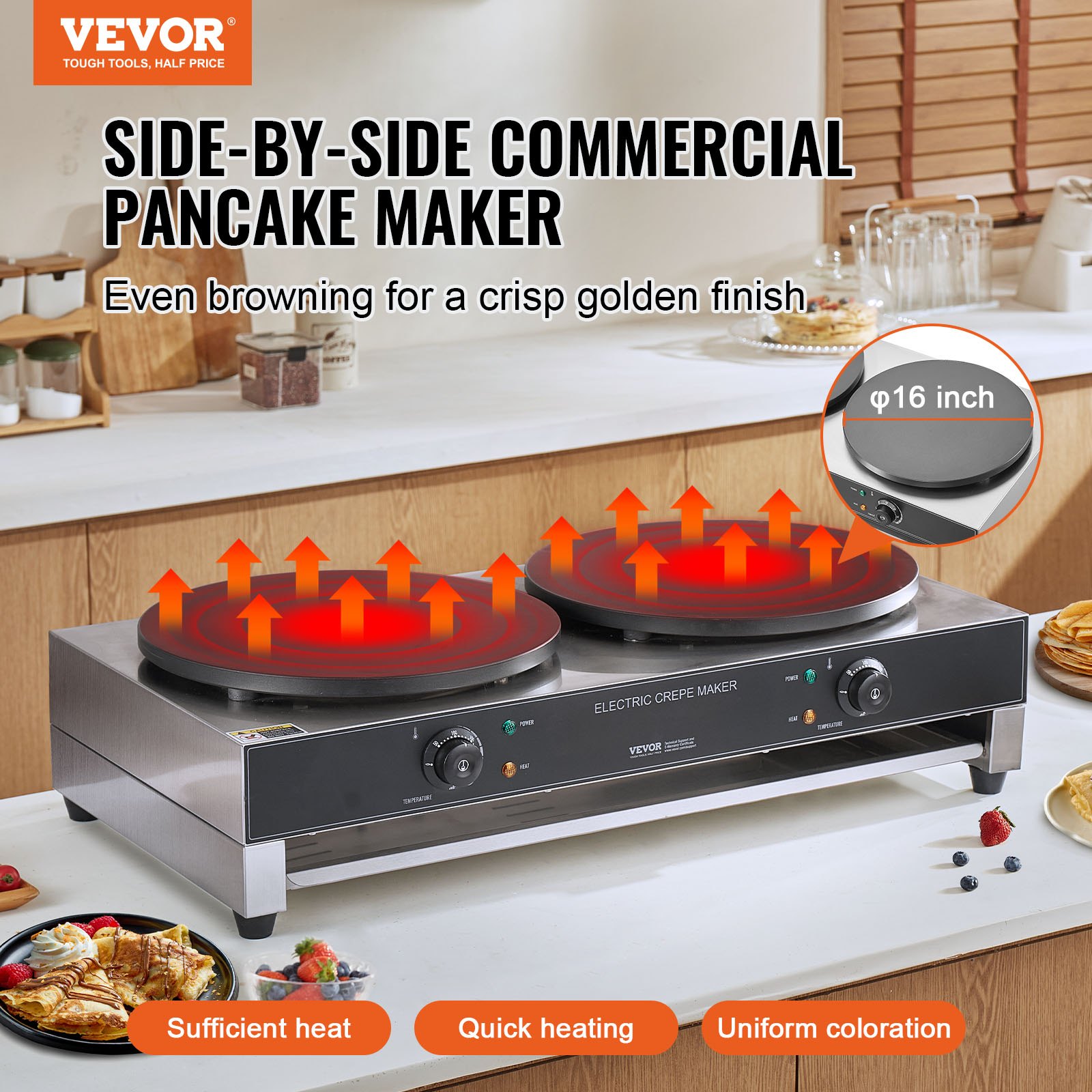 VEVOR Máquina de Crepes Comercial de Doble Cabezal de Placa Plana 6000 W, Antiadherente, Acero Inoxidable, Estufa Circular de Escritorio Panqueques y Cereales, Control Temperatura, (Sin Enchufe)
