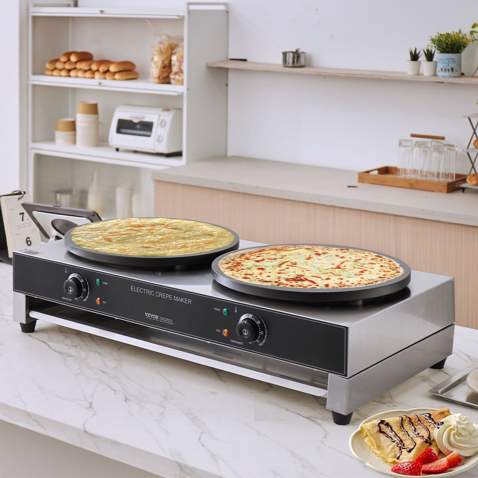 VEVOR Máquina de Crepes Comercial de Doble Cabezal de Placa Plana 6000 W, Antiadherente, Acero Inoxidable, Estufa Circular de Escritorio Panqueques y Cereales, Control Temperatura, (Sin Enchufe)