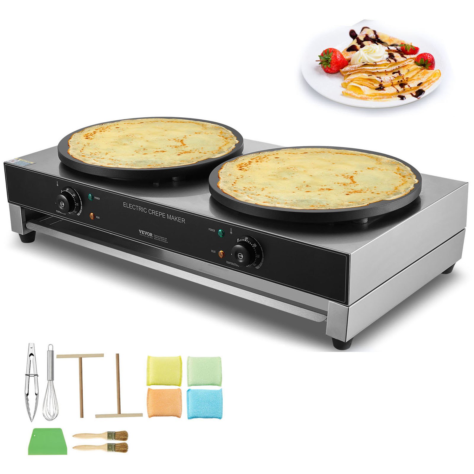 VEVOR Máquina de Crepes Comercial de Doble Cabezal de Placa Plana 6000 W, Antiadherente, Acero Inoxidable, Estufa Circular de Escritorio Panqueques y Cereales, Control Temperatura, (Sin Enchufe)