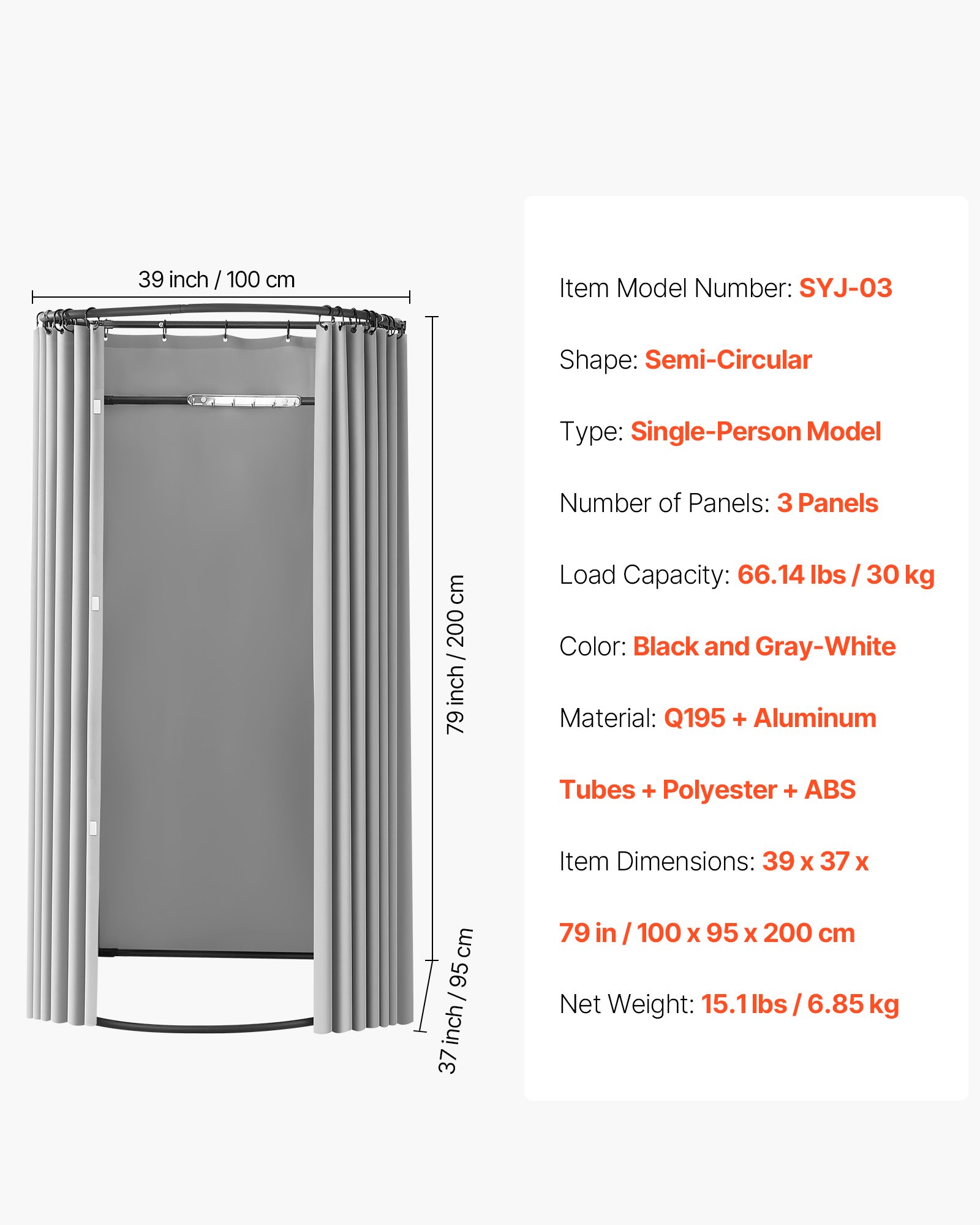 VEVOR Fitting Room, Dressing Room with Thick Polyester Curtains, Privacy Space with Shading Curtain and a Hook, for Boutique, Mall, Tailor's Store & Outdoor 100 x 95 x 200 cm (Black and Gray-White)