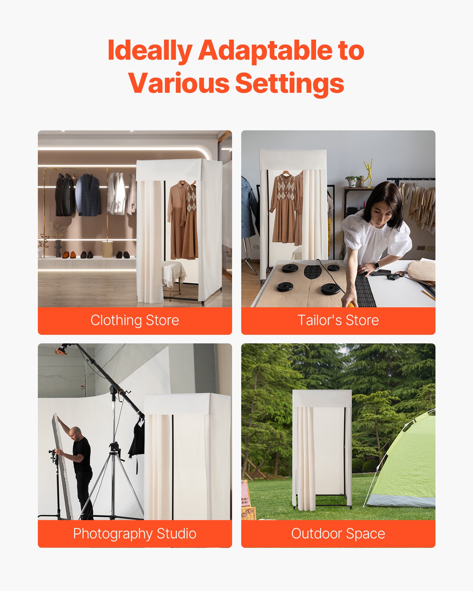 VEVOR Fitting Room, Moveable Dressing Room with Thick Curtains, Privacy Space with Casters and a Sturdy Metal Hook, for Boutique, Mall, Tailor's Store & Outdoor (99 x 99 x 204.5 cm, Black and Beige)