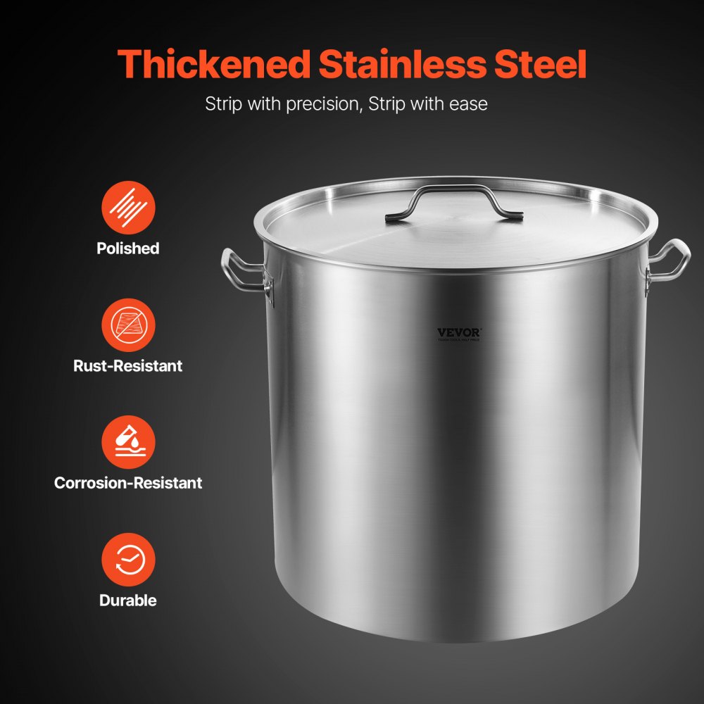 VEVOR Olla Grande de Acero Inoxidable 94,6 L, Olla para Salsa con Canasta, Tapa y Asa, Olla Comercial Resistente, Tratamiento de Lijado, para Eventos de Grupos Grandes, Color Plateado, 500 x 495 mm