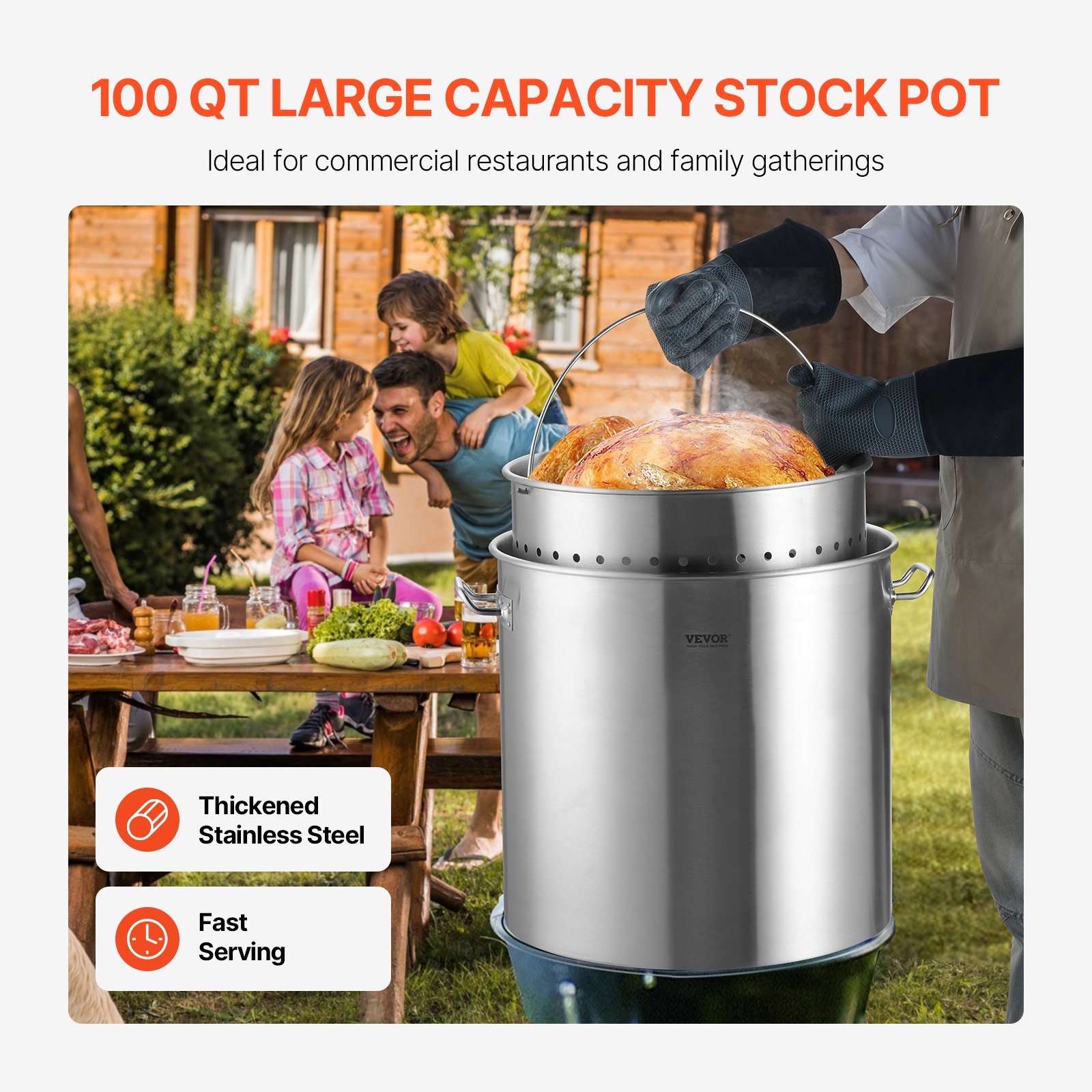 VEVOR Olla Grande de Acero Inoxidable 94,6 L, Olla para Salsa con Canasta, Tapa y Asa, Olla Comercial Resistente, Tratamiento de Lijado, para Eventos de Grupos Grandes, Color Plateado, 500 x 495 mm