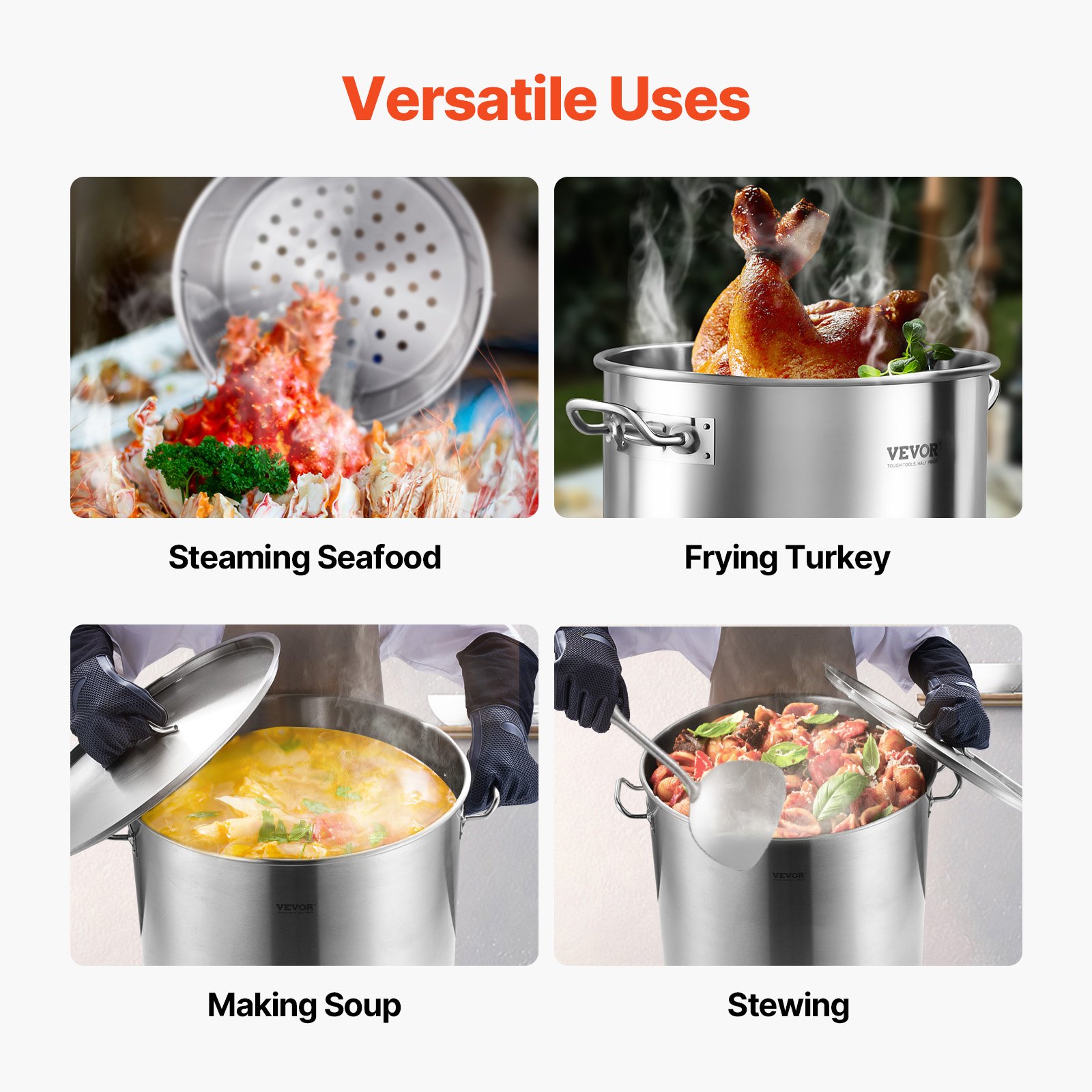 VEVOR Olla Grande de Acero Inoxidable 94,6 L, Olla para Salsa con Canasta, Tapa y Asa, Olla Comercial Resistente, Tratamiento de Lijado, para Eventos de Grupos Grandes, Color Plateado, 500 x 495 mm