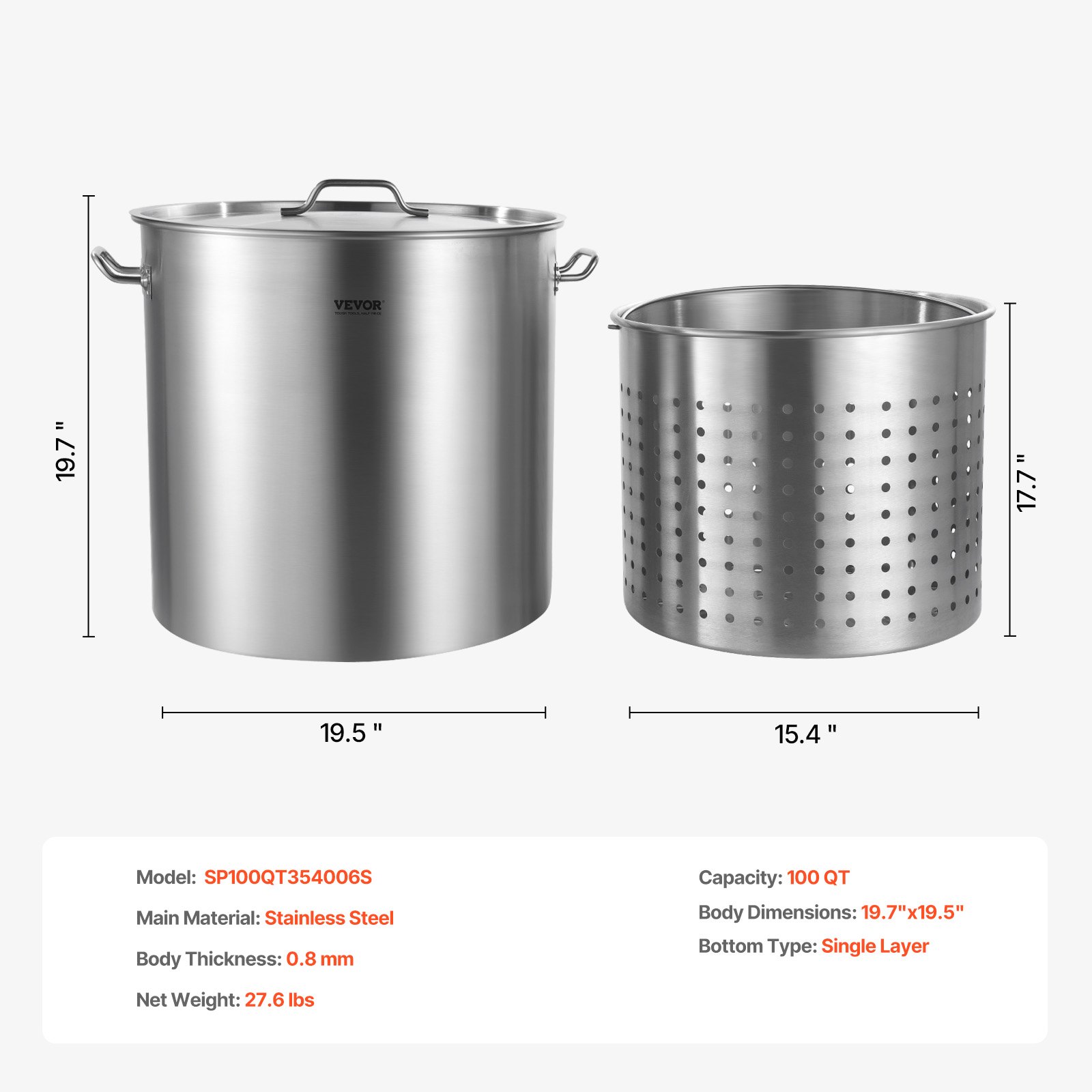 VEVOR Olla Grande de Acero Inoxidable 94,6 L, Olla para Salsa con Canasta, Tapa y Asa, Olla Comercial Resistente, Tratamiento de Lijado, para Eventos de Grupos Grandes, Color Plateado, 500 x 495 mm